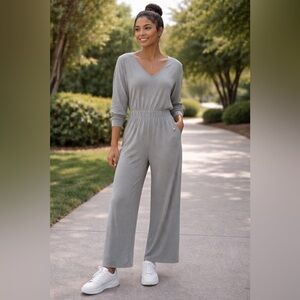 HALARA Gray Long Sleeve wide leg V-Neck Jumpsuit